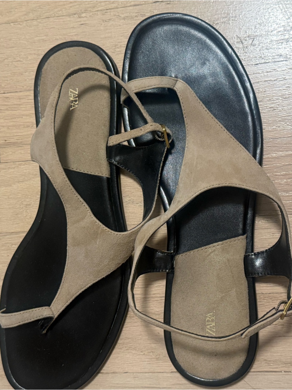 ZARA Black Footbed with Tan Suede Thong Sandals